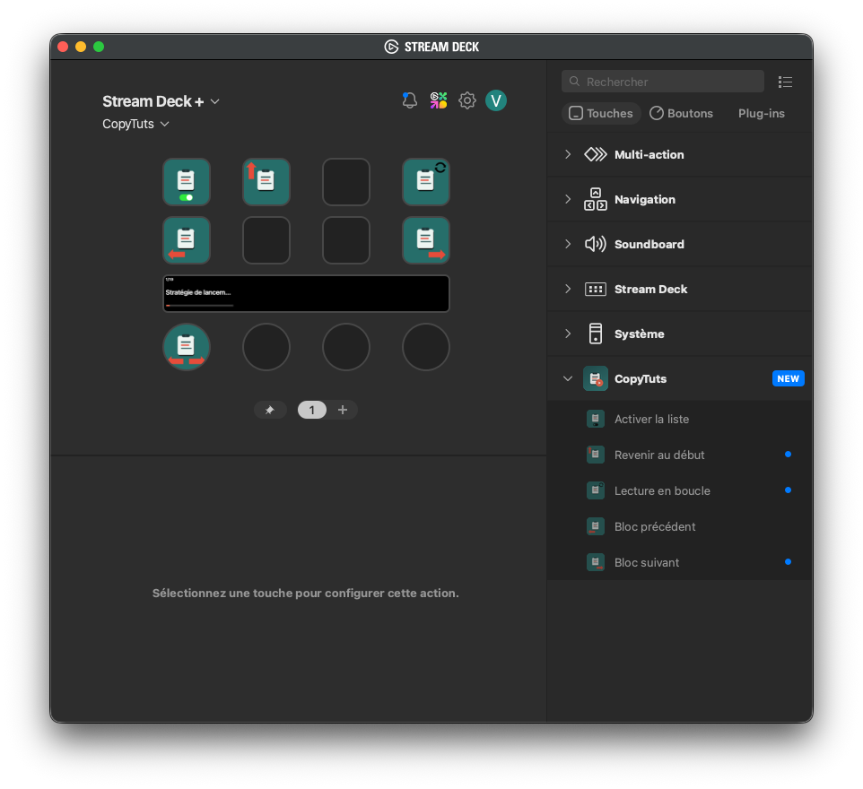 Plugin CopyTuts dans l'application Stream Deck — liste des actions disponibles